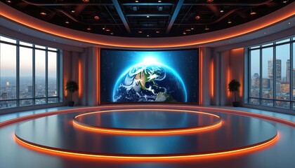 Poster - Modern television studio interior with large screen displaying Earth. TV news studio setup with light, stage for broadcasting. Virtual set design with digital display, live event production backdrop.