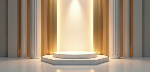 Poster - Minimal white scene shows elegant stage with columns. Gold decor elements glow. Bright podium good for product display. Sophisticated contemporary interior design suits presentations. Stage