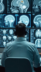 Aufkleber - Radiologist analyzes brain scans on multiple monitors. Doctor in headphones examines MRI images, works in control room. Pro analyzes results of medical examination. Science, tech, modern medicine