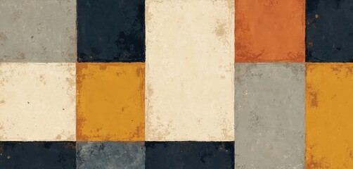 Fototapete - Modern seamless geometric illustration featuring rustic square pattern with glazed surface texture. Light yellow, dark blue, orange and gray color palette gives retro aged decorative mood.