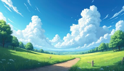 Aufkleber - Anime style illustration of summer landscape, green meadow, trees, fluffy clouds in blue sky. Beautiful cartoon nature background. Peaceful sunny day scene. Road to horizon. Wallpaper template.
