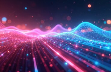 Poster - Abstract futuristic background with pink blue glowing neon moving wave lines, bokeh lights. Data transfer concept wallpaper. Fantastic design with technology motion, dynamic energy. Vibrant colourful