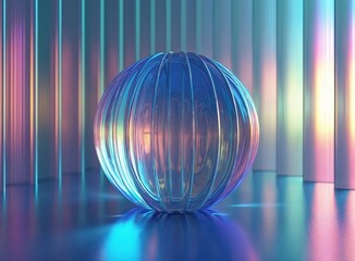 Poster - Reeded glass sphere with blue, purple streaks. Ribbed geometric background with transparent line, light refraction. Holographic surface reflects rainbow colors, gradient hues. Futuristic racked