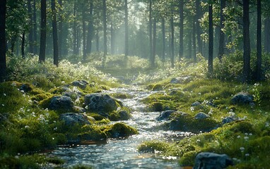Poster - Sunlit stream flows through mossy forest; serene nature scene, ideal for calm background