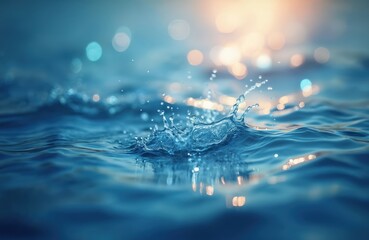 Aufkleber - Illustration of blue water with light reflections, water splash. Fresh clean waves, caustic pattern, clear liquid surface with shining sunlight bokeh for summer vacation cosmetic product background.