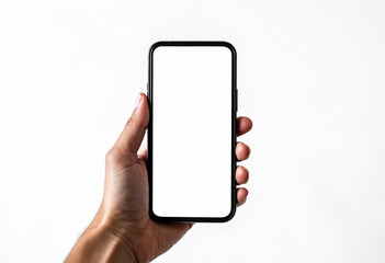 Poster - Minimalist smartphone mockup on a white background. Hand holding mobile phone with blank white screen for app, ui ux design presentation. Cellphone frameless design, edge to edge screen template.