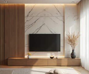 Wall Mural - Modern living room interior with TV on marble wall. Beige cabinet decor, wood panels. Minimalist Scandinavian style. Elegant home design features lighting, plant vase, spacious layout. Mockup for