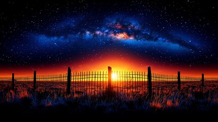 Canvas Print - Sunset over field, gate, starry night sky; peaceful landscape