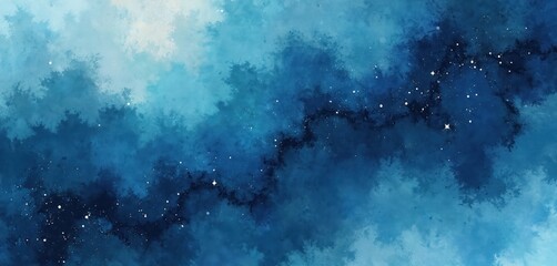 Aufkleber - Trendy grunge illustration of navy blue watercolor paint background. Soft grunge texture with holographic effect. Dark deep sea with light spots imitation. Liquid water background wallpaper design.