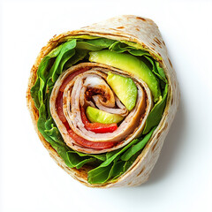 Wall Mural - Overhead view of Turkey avocado wrap, isolated on white, photorealistic food