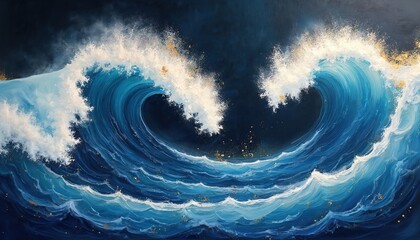 Aufkleber - Abstract painting with blue, gold large waves. Dynamic ocean artwork brushstroke swirls, cresting foam splashes, rippled texture with dramatic depth, contrast. Gold sparkles enhance visual impact.