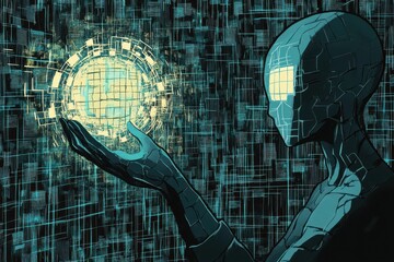 Poster - Robot holds glowing sphere in digital grid background