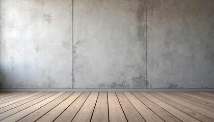Poster - Illustration of empty room interior with wooden floor concrete wall. Textured surface, minimalist rustic design. Blank space background for studio setting, architecture projects. Hardwood planks,