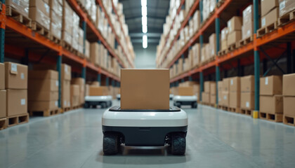 Poster - Modern warehouse uses autonomous mobile robots for transporting packages. AMR robot drives package between shelves in storage. Automated logistic optimizes distribution, cargo, freight, supply chain