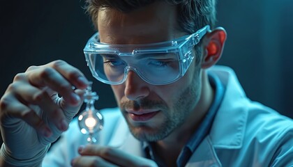 Poster - Scientist in lab coat, safety glasses examines 3D molecule model. Chemistry expert carefully analyzes, researches structure, atoms connections. Science, tech, scientific, chemical, pharmaceutical