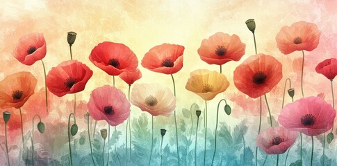 Wall Mural - Watercolor painting features vivid colorful poppies against an abstract background