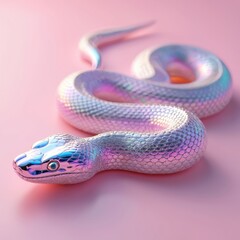 Aufkleber - Futuristic holographic snake on pink background. Chrome reptile with iridescent, pastel rainbow scales. Animal, dangerous wildlife, skin texture, metal decoration, dynamic curve, light effect, magic,