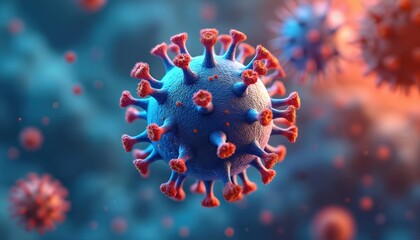 Poster - Illustration displays virus cell structure. Model shows microscopic detail, biological features. Virologists, medical staff use image for research. Pharma companies use visualisation for medicine