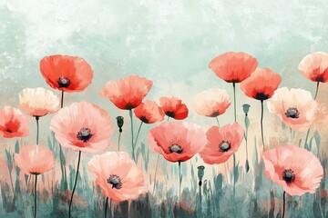 Wall Mural - Artistic representation depicts a field of blooming poppy flowers