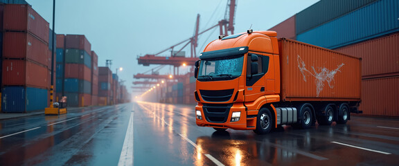 Aufkleber - Illustration of container truck in ship port used for global business logistics. Orange container, cranes, deck in background. Freight shipping transport cargo concept. Modern technologies network,