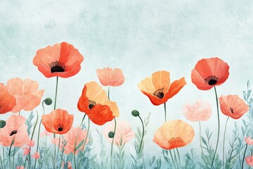 Wall Mural - Watercolor painting features blooming poppies against a light blue backdrop