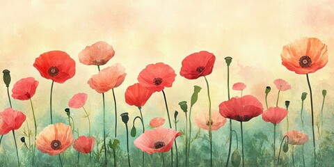 Wall Mural - Artistic watercolor painting showcases a field of red and pink poppies