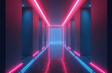 Poster - Dark futuristic tunnel with neon lights gives abstract tech vibes. Blue and pink glowing lines frame wall perspective reflecting on floor. Empty scene for show presentation stage.