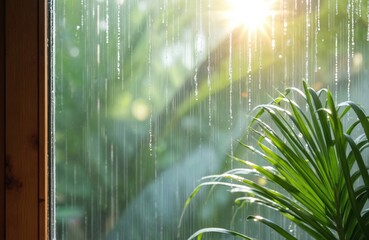 Leinwandbilder - Green palm leaves near window in drops, sun rays in rain weather. Drops flow down the glass. Fresh tropical plant, refreshing sunny shot after rain in jungle.