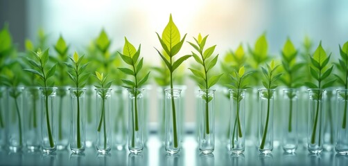 Poster - Green plants grow inside glass test tubes. Lab shows bio research development. It explores growth eco study for biology medicine. Scientific innovations in agriculture tech now enable biochemistry.