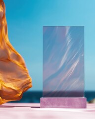 Poster - Dancing fabric flowing beside transparent sculpture coastal beach bright outdoor dynamic movement