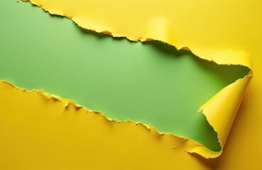 Leinwandbilder - Yellow torn paper revealing green background with ragged edge. Torn cardboard banner with hole for message, copy space, tags. Grunge sheet with rough texture. Design element.