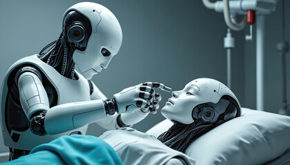Aufkleber - AI robot performs operation another humanoid robot in hospital. Artificial intelligence robots repair. Concept of future robotic surgery, modern medtech, innovative healthcare, cyborgs in medicine.
