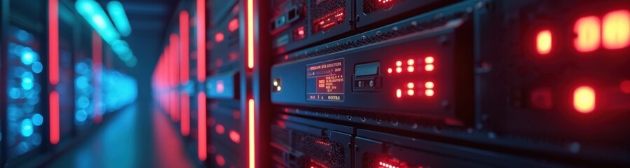 Fototapete - Server room features data center equipment with red and blue neon lights. Tech backup power and efficient solutions shown in network architecture. System security and automation concept.