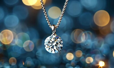 Poster - Beautiful diamond pendant glistening on a sparkling blue background with elegant light reflections
