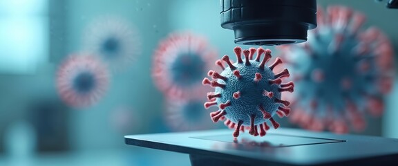 Poster - Close-up view of virus particles under microscopic examination in laboratory setting. Visualization of virus structure, with spike proteins. Magnified virus under microscope for research, study of