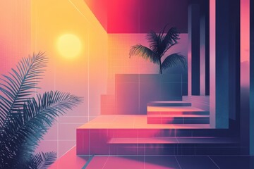Poster - Retro futuristic scene with palm trees and abstract architecture