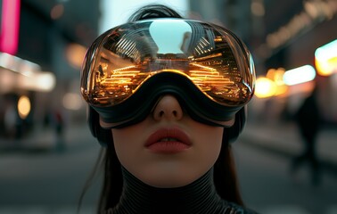 Poster - a young man with a beard and glasses, immersed in virtual reality. the scene embodies augmented real