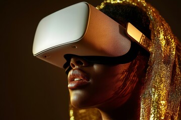 Poster - young man with a beard and glasses diving into virtual reality on a dark background, illustrating th