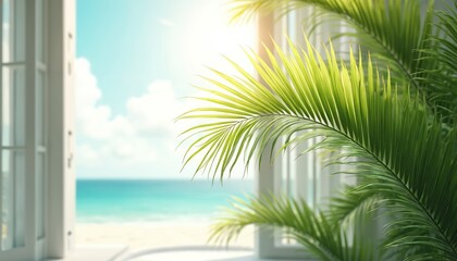 Aufkleber - Illustration of palm tree against sea view from open window. Clear sky, blurred bokeh lights effect. White ribbed background. Green palm fronds. Summer vacation banner. Perfect wall decor print.