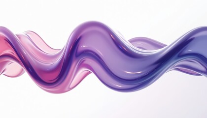 Poster - 3D rendering of flowing liquid glass shape with glossy surface. Minimal color wavy fluid motion on isolated white background. Purple iridescent gradients blend smoothly across twisted curve of wave.