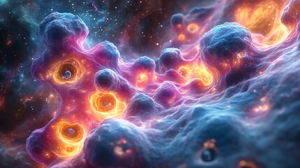 digital fantasy rendering of abstract cellular structures floating in a cosmic environment with inte
