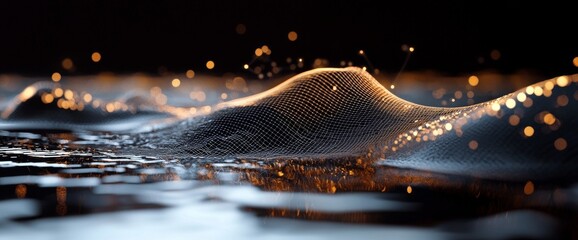 Poster - 3d render of an abstract geometric background, set in a virtual reality environment, showcasing a cyber space landscape with mountains, where the mesh surface glows with neon light