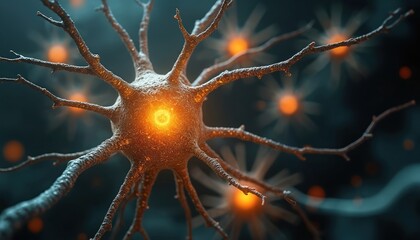 Poster - Illustration of nerve cells sending electrical signals in brain for neural activities. Neuron cell anatomy close up view. Concept of neuroscience, neurology, mind power, human intelligence, memory,