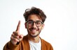 © miss irine - Smiling bearded guy in glasses, brown jacket, white t-shirt points up. Happy caucasian man demonstrates solution, attention direction with forefinger against white background. Mockup, template photo.