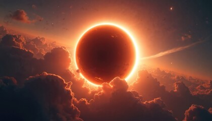Aufkleber - AI generated total solar eclipse viewed from space amid orange clouds. Sun sphere surrounded by glowing plasma over planet. Space exploration, sci-fi fantasy, astrological themes, celestial event,