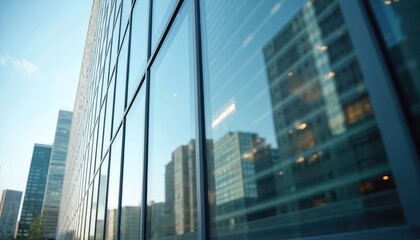 Poster - Glass wall of modern office building in business center with corporate buildings reflections. Abstract blurry office windows for architectural background. Urban skyline in financial district in city.