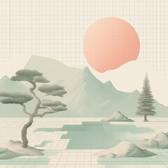 Poster - Tranquil landscape features a rising sun and minimalist terrain