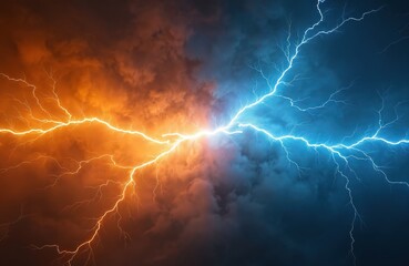 Poster - Striking contrast of hot orange and cold blue electrical lightning bolts on night sky. Dynamic background featuring visually captivating energetic scene. Electricity bolts light up storm clouds.