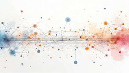 Poster - Illustration of grid surface connected with watercolor paint splatter. Abstract network background in science style. Lattice structure connects atomic elements. Design for presentation, marketing
