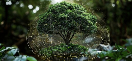 Poster - a digital landscape in the future presents a tree combined with tech elements